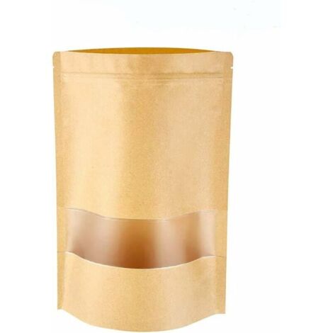 royaluxe -100pcs Papier Kraft Sac Stand Up Zip Lock de Nourriture Marron Pochette en Paper à Fenêtre Transparente Stockage la Nourriture Réutilisable Bag Le pain Noix Cadeau Grains de Café Bijoux 14 2