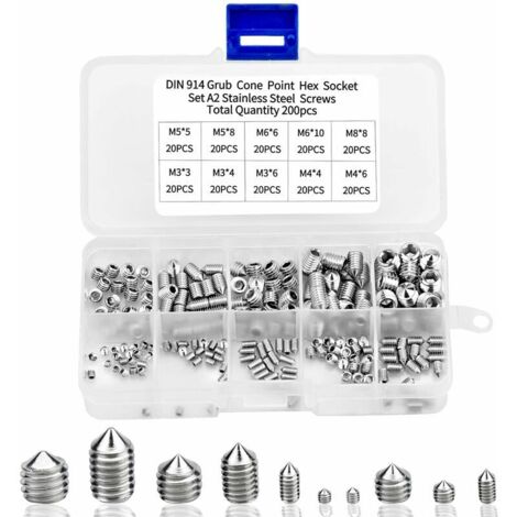 royaluxe -200pcs Vis Pointeau Vis Sans Tête Hexagonale, M3 M4 M5 M6 M8 Tête Conique Acier Inoxydable 304, Kits de Vis à Six Pans Creux Coupelle
