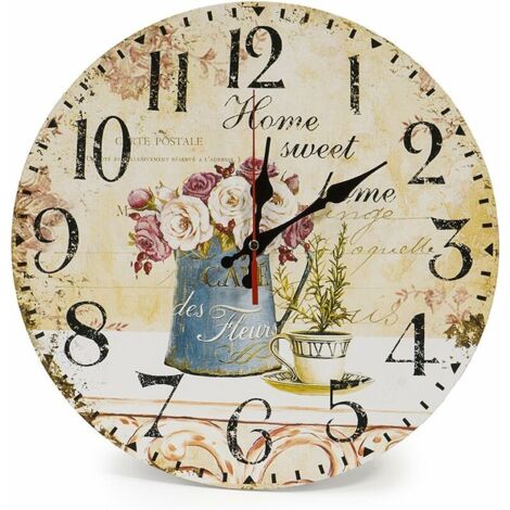 royaluxe - 30cm Vintage Horloge Murale Rustique, silencieuse en Bois Cadran Horloge minuteur pour la Maison Salon Chambre Bureau Café Bar Decor (Café et Fleur)