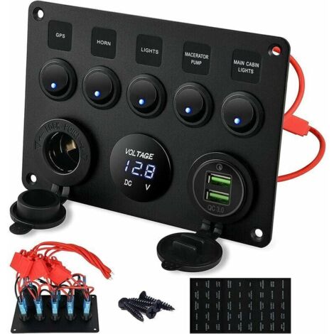 royaluxe -5 Gang Panneau de Commutat à Bascule Interrupt à Bascule Panneau Tableau Electrique Bateau Voiture Etanche Double USB DC 12V/24V LED Camion Remorque Marine Véhicules SUV Camping-car 5 Gang P
