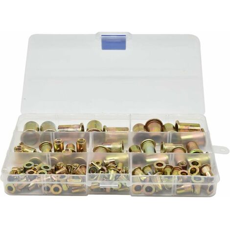 royaluxe - Acier Rivet Rivets Inserts éCrous - Assortiment Inoxydable éCrou Outil Plat D'éCrous Aveugles Ensemble Capuchons Carbone Galvanisé Filetage TêTe Plate Avec BoîTe Rangement M3 M4 M5 M6 M8 10