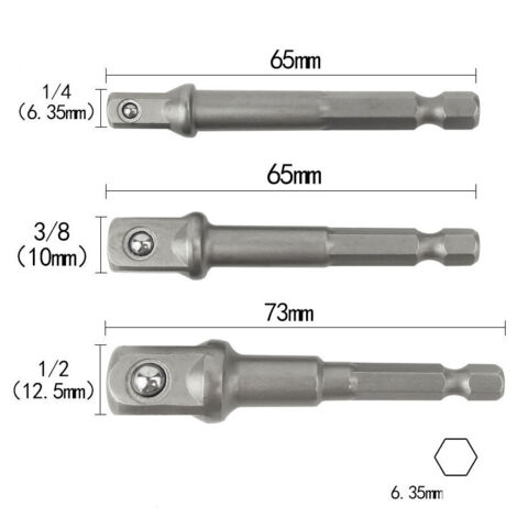 royaluxe - Adaptateurs Porte Douilles sur Perceuse/Visseuse à Choc. Lot de 3 Adaptateur Mandrin pans Carré 1/4", 1/2", 3/8" en Chome Vanadium (Gris Clair)