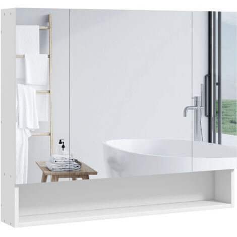 royaluxe -Armoire murale salle de bain avec miroir, armoire de toilette 3 portes miroir, étagères réglables, 90x15x75cm, blanc