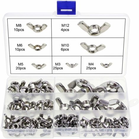 royaluxe -Assortiment de 100 écrous papillon en acier inoxydable M3 M4 M5 M6 M8 M10