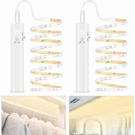 royaluxe - Bande LED avec Détecteur de Mouvement, 2 x 1 m Bande LED Eclairage d'armoire, Fonctionne sur Piles, Lumière Blanc Chaud, 2700-6500 K, Veilleuse pour Chambre d'enfant, Chambre à Coucher, Esc
