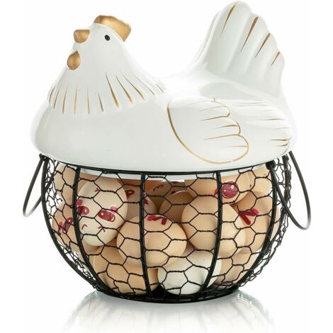 royaluxe - Boite a Aeuf Panier Metal avec Poignées et Couvercle en Céramique Grand Rangement Oeuf en Fil  un Joli Récipient en Maille Stockage D'oignons en Fruits Décoration pour Cuisine Poulet，Bianca