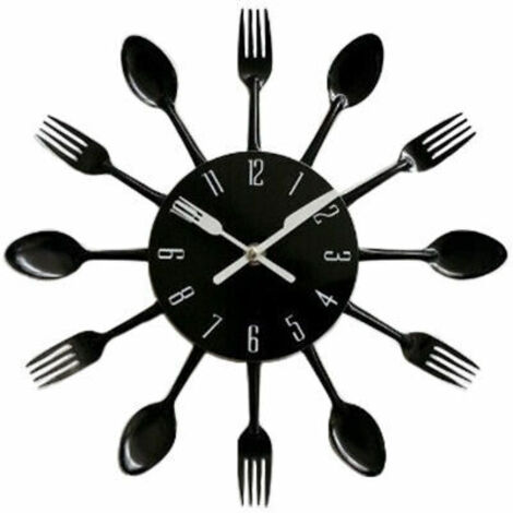 royaluxe - Budget Horloge Murale Couverts Cuisine Cuillère Fourchette Horloge Miroir Mural Autocollant pour Triumph (Noir)