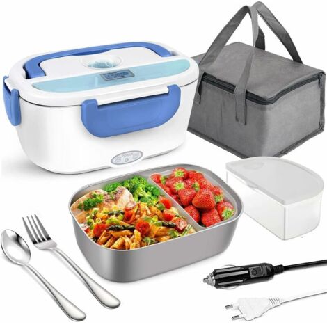 royaluxe - Chauffante Gamelle Électrique 3 en 1 Lunch Box 1.5L Boîte Chauffante 12V 24V 220V 40W avec Sac Isotherme Repas et Couverts en Acier Inoxydable pour Voiture Camion (Bleu)