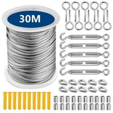 royaluxe -Corde en Acier Inoxydable à Suspendre Kit 30 Mètres Corde en Acier Inoxydable, Kit de Câble Métallique en Acier Inoxydable 304 avec Tend et Crochets