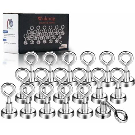 royaluxe - Crochet Magnetiques,18 Pièces Aimant Néodyme Puissant Diamètre 16 Mm 8Kg Force De Traction,Aimant Extrêmement Puissant Néodyme Avec Base Et Oeillet, Soit Une Vis Avec Boucle Galvanisé