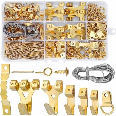 royaluxe - Crochet Pour Cadre Photo, 250 Pièces Kit de suspension de tableaux, avec Vis, Clous, Anneau en D et œil à Vis, cintres en Dent de Scie, câble d'acier, Crochets pour Cadre Photo