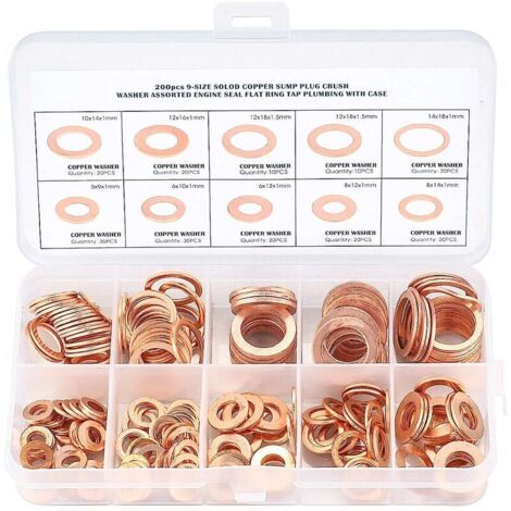royaluxe - Cuivre Rondelles Metal, Joints Bague D'étanchéité, Rondelles Plates, Joint Torique avec Boîte pour L'étanchéité - 200 Pcs/M5 M6 M8 M10 M12 M14