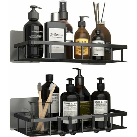 royaluxe - Étagère de douche sans perçage Étagère de douche en acier inoxydable Étagère de salle de bain Panier de douche avec 4 crochets, étagère de douche sans perçage, porte-shampoing, étagère de d