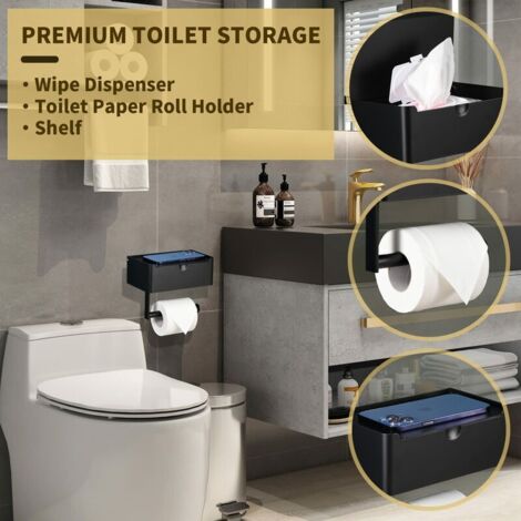 royaluxe - Grand porte-papier hygiénique avec étagère, distributeur de lingettes et rangement, acier inoxydable, mural, noir mat, papier toilette amélioré et rangement de lingettes jetables pour salle