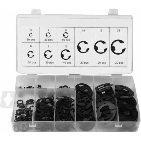 royaluxe -Kit Anneau Circlip en ,200 Pièces 3mm-22mm Type E Anneau de Retenue en A3 steel Assortiment avec Boîte de Rangement pour Atelier,9 Tailles,