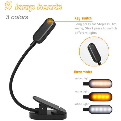 royaluxe - Lampe de Lecture 9 LED Liseuse Lampe Clip Rechargeable 9 Modes de Luminosité et 3 Température de Couleur, 360°Cou Flexible Lampe Pince pour Lit, Livre, Mini Veilleuse pour Nuit et Lampe de