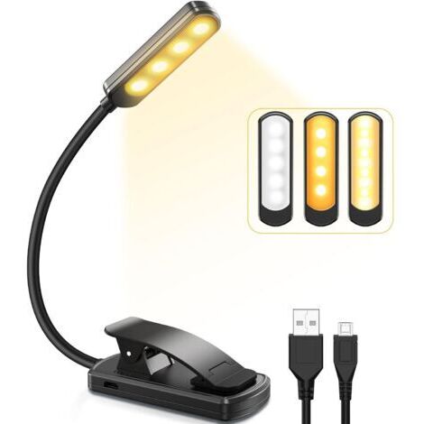 royaluxe -Lampe de Lecture, 9 LEDs Liseuse Lampe Clip USB Rechargeable, 360°Cou Flexible, 3 Température de Couleur(Blanc/Chaud/Blanc Chaud), Mini Veilleuse pour Lire au Lit,Enfant,Kindle,Voyage,Campin