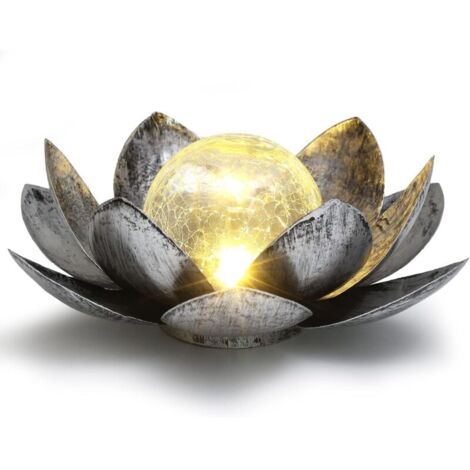 royaluxe -Lampe solaire de jardin extéri Lotus, décoration de jardin extéri Lotus avec globe en verre craquelé, cadeaux de jardin pour femmes (argent)