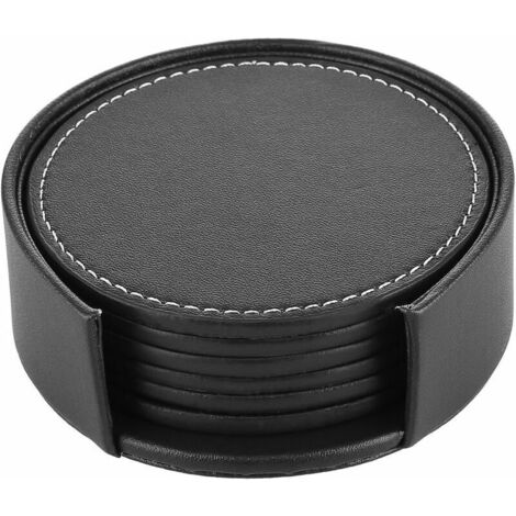 royaluxe - Lot 6 PCS Sous-Verres En Cuir 10  10 cm avec Support Vintage Décor Tasse Home Bar Bureau Rond Noir