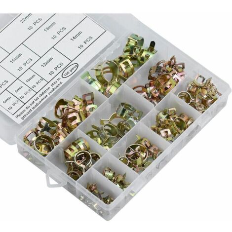 royaluxe -Lot de 100 Clip à ressort tuyau, 6-22mm Serre-joints à Tuyaux Durite Essence Colliers de Clip à Ressort Tuyau Serrage Ajustable Pour Fixer Tuyaux Souples et Durites