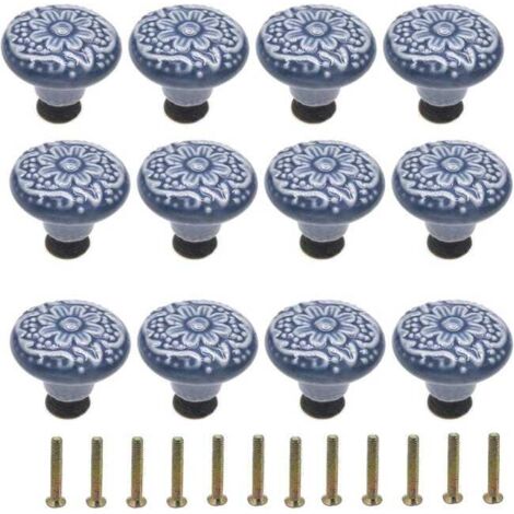 royaluxe - Lot de 12 boutons en céramique Bleu - pour tiroirs, commodes, armoires de cuisine – Poignées décoratives