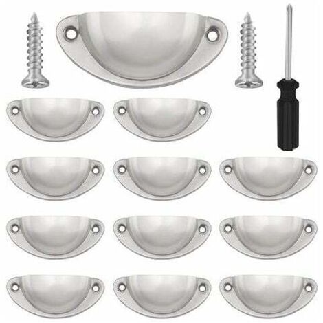 royaluxe - Lot de 12 Poignées de Tiroir Vintage, Poignées de Meubles Traditionnelles en Demi Lune, Poignées de Coquille pour Placard, Armoire, Commode, Vis et Tournevis Incluses(Argent)