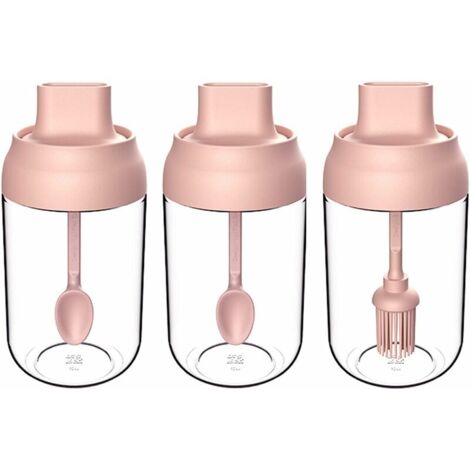 royaluxe - Lot de 3 pots à épices en verre transparent avec cuillère, bouteille d'huile d'olive avec brosse, scellé contre l'humidité (rose)