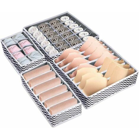 royaluxe - Lot de 4 Organisateur de Tiroir Pliable Non-tissé, rangement sous vetement, séparateur tiroir, rangement chaussette, boite rangement vetements(Rayures noires et blanches) - Gris