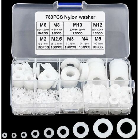 royaluxe - Lot de 780 rondelles en plastique, rondelles en nylon blanc M2 M2.5 M3 M4 M5 M6 M8 M10 M12 rondelles plates, rondelles isolantes, fixation pour vis, fixations industrielles