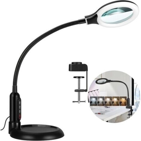 royaluxe -Loupe 5X avec lumière et pince, 5 modes de coul, loupe éclairée à intensité variable en continu avec support, lampe de bureau LED à col de cygne flexible, mains libres pour l'artisanat, la l