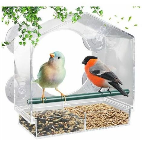 royaluxe -Mangeoire Oiseaux Exterieur, Mangeoire Oiseaux Fenetre Suspendue Transparente Jardin, Mangeoires pour Oiseaux Sauvages avec 4 Ventouses Puissantes, Barre d'atterrissage, Trous de Drainage, 1