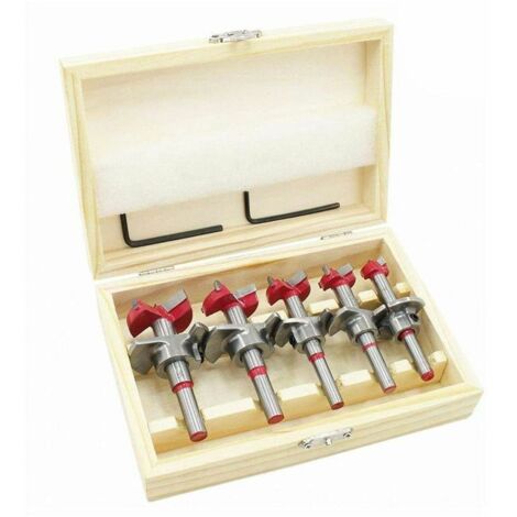 royaluxe -Mèches Bois, Coffret de 5 (Ø15-35 mm) Fraise Bois Façonner Jeu de Forets à Positionnement Ajustable, Scie Trépan au Carbure Cémenté avec Butée de Profond (Plage de Profond 10-40 mm)