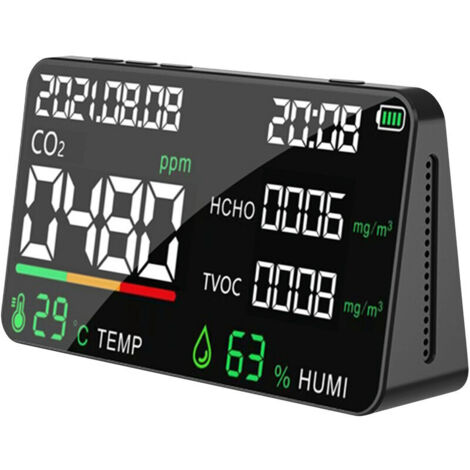 royaluxe -Moniteur de qualité de l'air 5 en 1 LED numérique CO2 HCHO TVOC testeur d'humidité de la température USB rechargeable compteur de dioxyde de carbone intérieur pour chambre bureau serre entre
