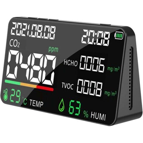 Royaluxe - Monitor digitale 5 in 1 a LED per la qualità dell'aria, misuratore di CO2, HCHO, TVOC, temperatura e umidità, ricaricabile tramite USB, per camera da letto, ufficio e serra.