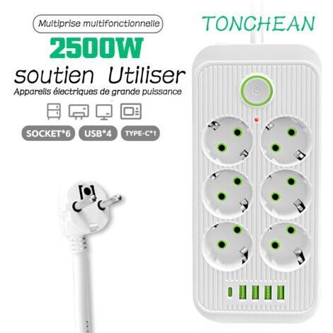 royaluxe -Multiprise Electrique,Bloc 6 Prises 2500W 10A 230V avec 4 Ports Chargeur (4 USB A+1 USB C) Prise Multi Parasurtenseur Parafoudre et Surtension avec Interrupteur Cable 2m-Blanc