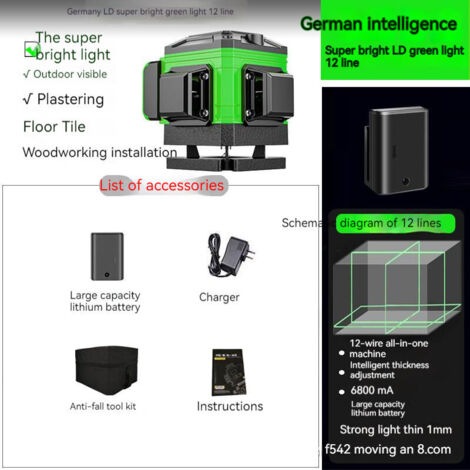 royaluxe - Niveau laser 12 lignes Machine à niveler automatique Batterie lithium rechargeable USB Outil de mise à niveau avec lignes d'inclinaison verticales et horizontales, Vert