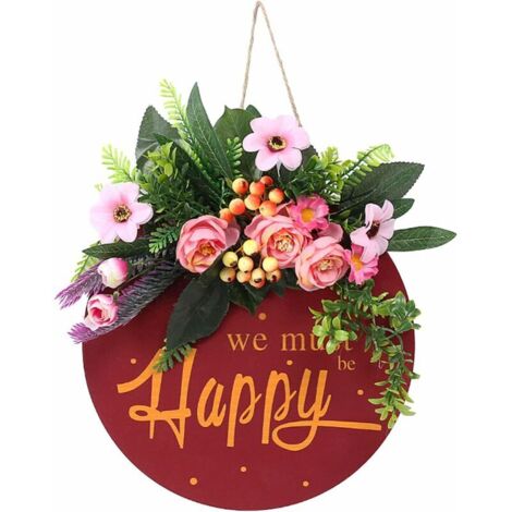 royaluxe- Panneau de bienvenue en bois avec crochets et fleurs artificielles à suspendre, guirlande à bords lisses, couronne pour porte d'entrée, décoration murale de ferme, 30 cm, rouge
