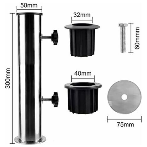 royaluxe -Pied de Parasol, Support Fixation Parasol Ø50 en Acier Inoxydable, Accessoires pour Parasols avec 2 Anneaux de Réduction en PVC(Ø32/40mm)