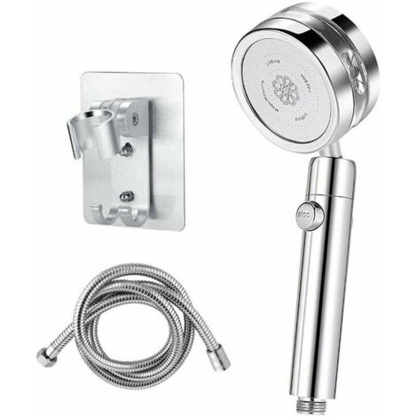 royaluxe - Pommeau de Douche Turbocompressé Argent avec Tuyau 1.5 m et Support de Douche sur Mur, Un Bouton de Interrupteur, Pommeau de Douche Amovible et Facile à Nettoyer