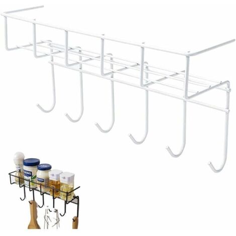 royaluxe - Porte-épices, Étagère Murale Cuisine avec 6 Crochets, Étagère de Cuisine Autocollan Porte-Casserole Murale sans Perçage pour Le Couloir de la Salle de Bain de la Cuisine，Blanc