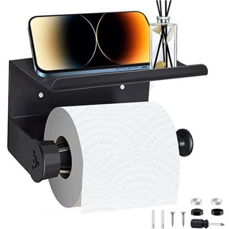 royaluxe -Porte Papier Toilette Mural avec Etagère, Porte Rouleau Papier Toilette Adhésif pour Salle de Bain,Support Papier Toilette Mural sans Percage Derouleur Papier Toilette WC -Noir Mat