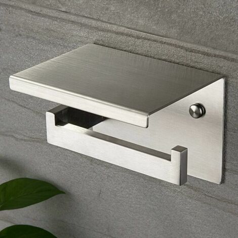 royaluxe - Porte Rouleau Papier Toilette Noir Auto-adhésif avec Tablette, Support Papier Toilette Mural pour Salle de Bain, Acier Inoxydable SUS 304, Derouleur Papier Toilette WC sans Percage - Argent