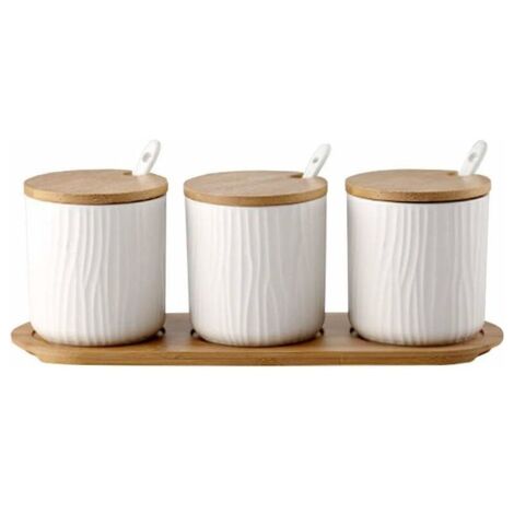 royaluxe - Pot à condiments en céramique avec couvercles Cuillères Plateau de service en bois pour la cuisine 9.5  28.5cm blanc