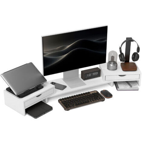 royaluxe -Rehausseur écran PC bureau support d'écran d'ordinateur de 60-116 cm avec 2 tiroirs. longueur et angle réglables