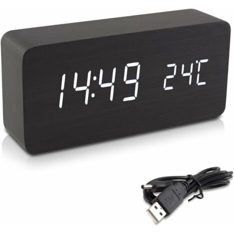 royaluxe - Réveil Bois LED - Horloge Digitale Aspect Bois - Réveil Matin Tactile avec Fonction Date Heure Température - Rectangle 1574.5 CM Noir