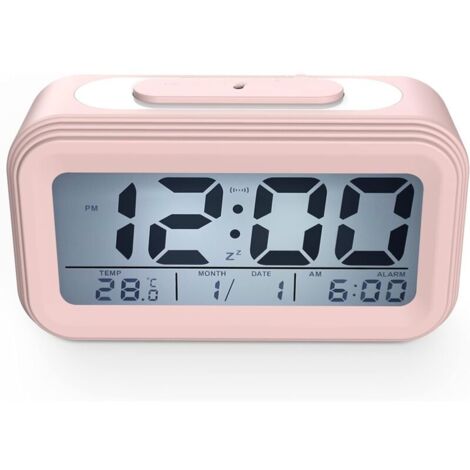 royaluxe -Réveil Digital Réveil Matin, Horloge Numérique Réveil à Pile Silencieux pour Enfants Adultes Grand écran LED Température Calendrier, Reveil de Voyage avec Veilleuse Snooze Fonction, Rose