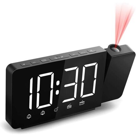 royaluxe - Réveil projecteur de plafond, radio FM Réveil électronique à projection Grand écran LED de 7,4 pouces et 2 alarmes avec répétition rotative à 360° (12/24 heures)