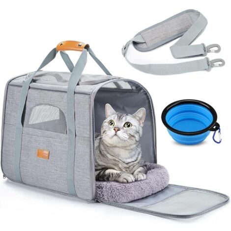 royaluxe - Sac Transport Chat Chien, Caisse de Transport Chat Respirant et Pliable Cage Transport Chat avec Matelas en Peluche Amovible + Bol (46 32 36 cm)
