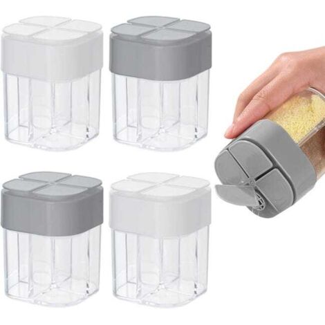 royaluxe - Salière et poivrière en plastique 4 en 1 - 4 compartiments, distributeur d'épices vide – pour voyage, cuisine, barbecue (transparent)