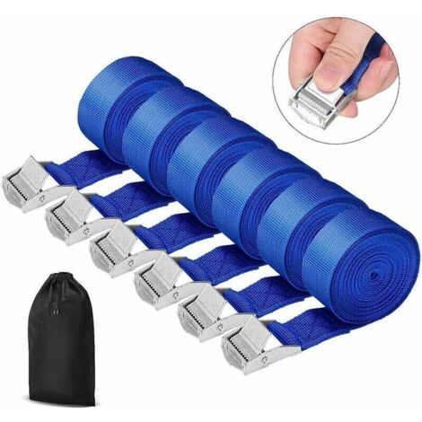 royaluxe -Sangles d'arrimage, lot de 6, 2,5 cm x 2,5 m, avec sangle de fixation à boucle de serrage, sangle d'arrimage pour porte-vélos moto, sangle d'arrimage extrêmement robuste, bleue, charge jusqu